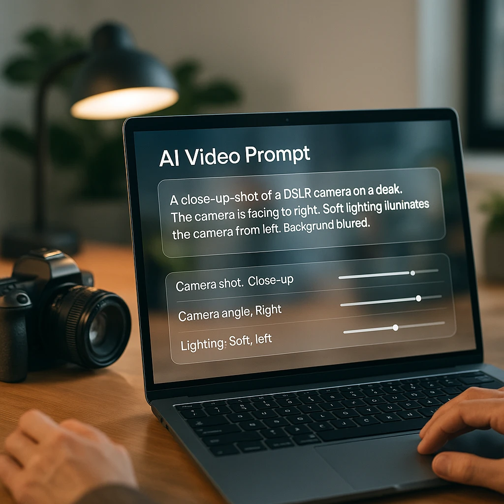A detailed AI video prompt being composed with camera movement, lighting, and duration parameters