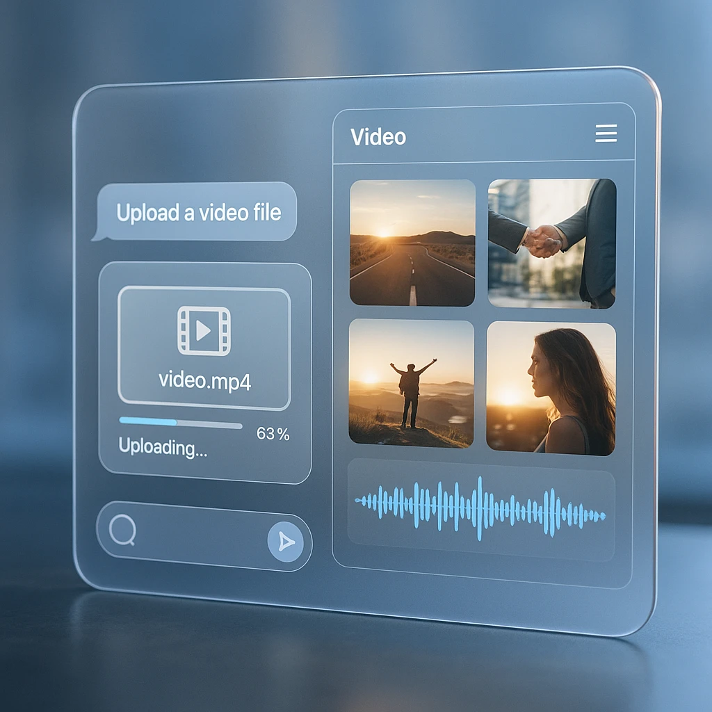 A chat interface showing a video file upload alongside extracted frames and an audio waveform being analysed