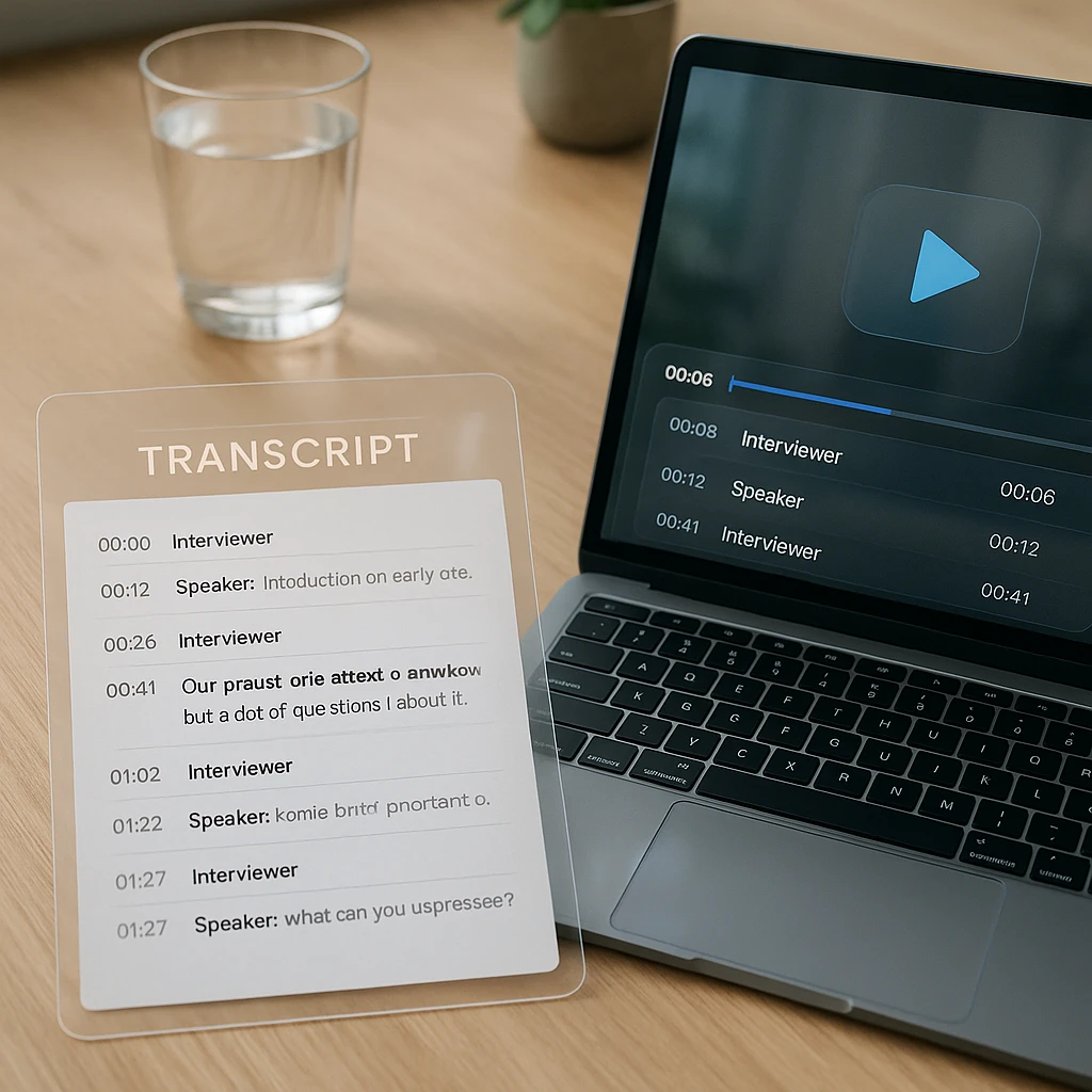 A transcript document with timestamps and speaker labels open beside a video player, ready for analysis