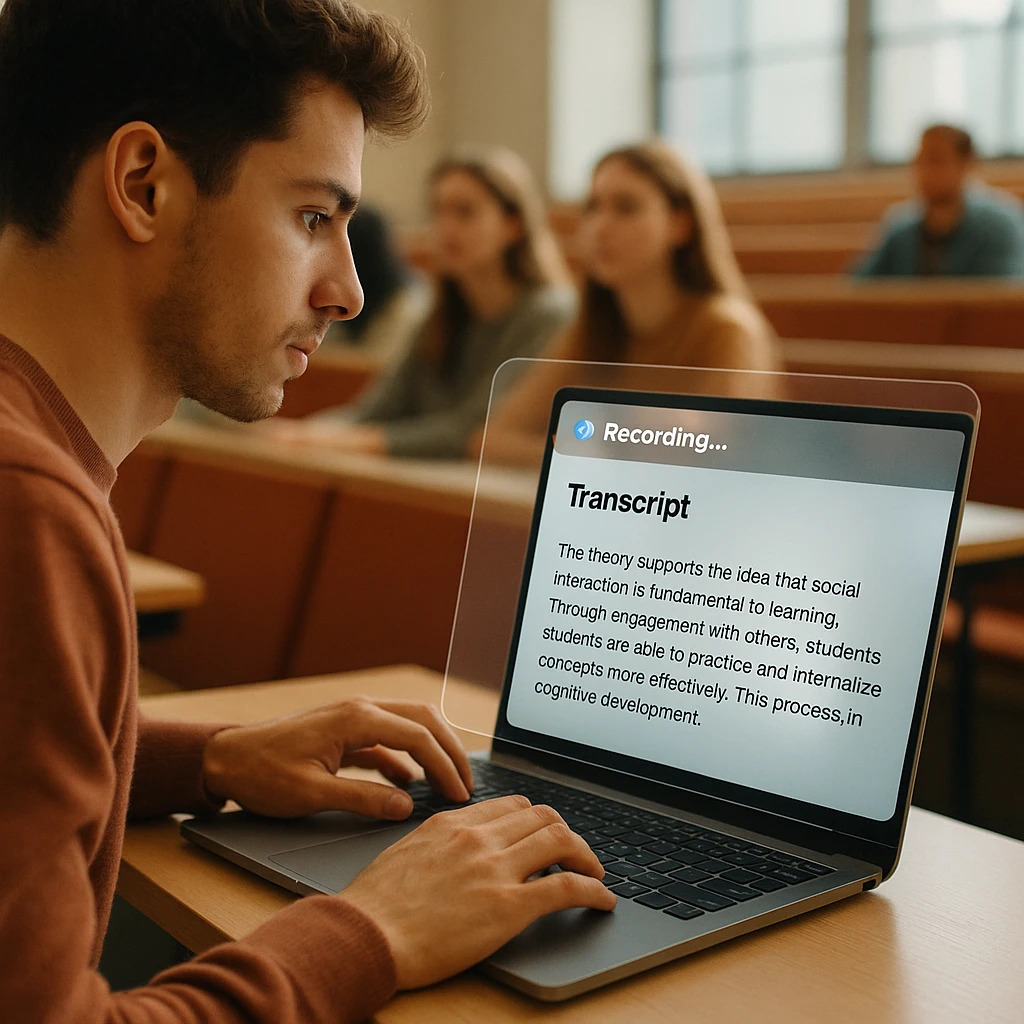 Estudante gravando uma palestra universitária em um laptop enquanto uma transcrição ao vivo aparece na tela