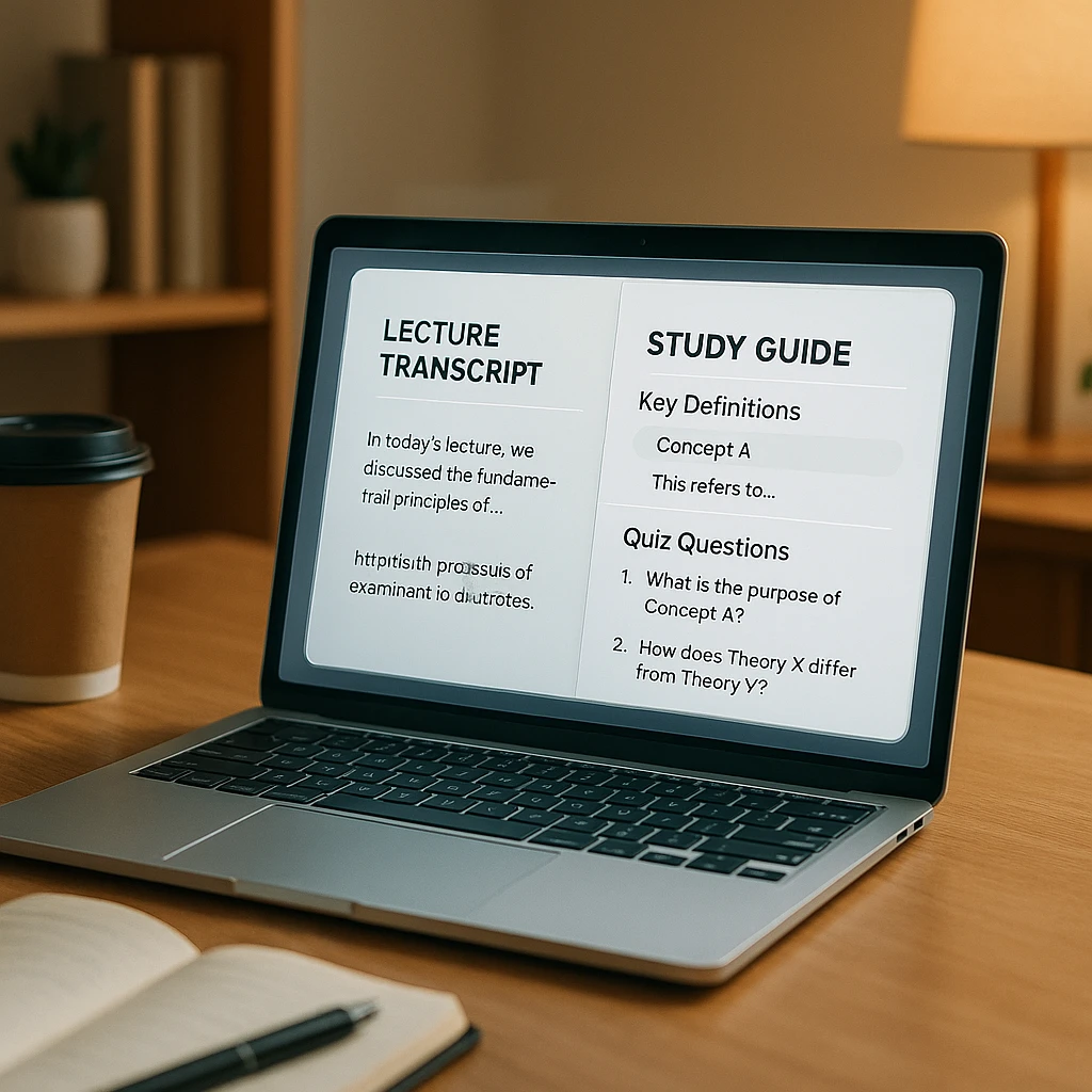 Uma transcrição de palestra transformada em um guia de estudo com definições e perguntas práticas na tela de um laptop