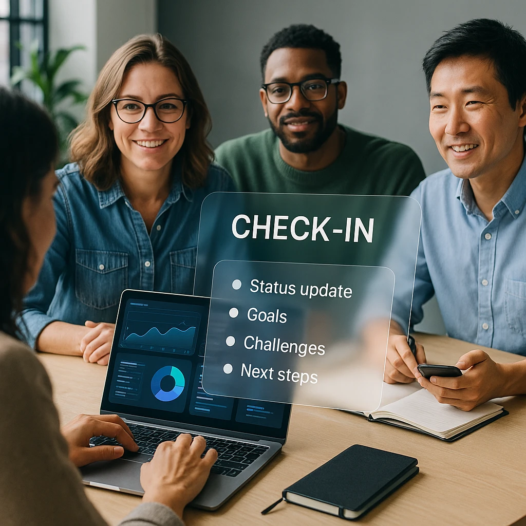Çeşitli çalışanların giriş zamanında kahkahalar paylaştığı, gerçek katılım ve bağlantı gösteren profesyonel ekip toplantısı