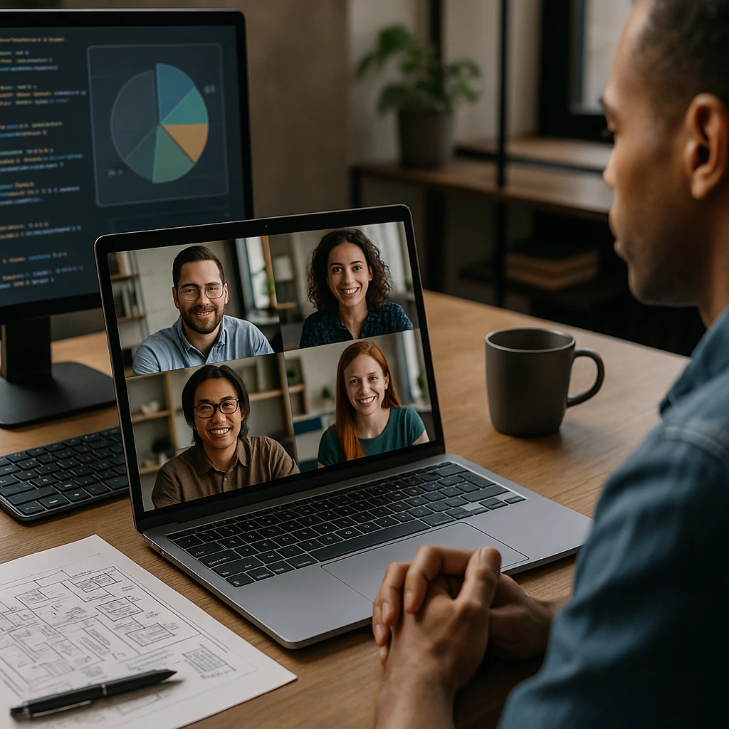 Ekip üyelerinin yaratıcı giriş yanıtları aracılığıyla neşe ve kişilik ifade ettiği uzaktan video görüşmesi