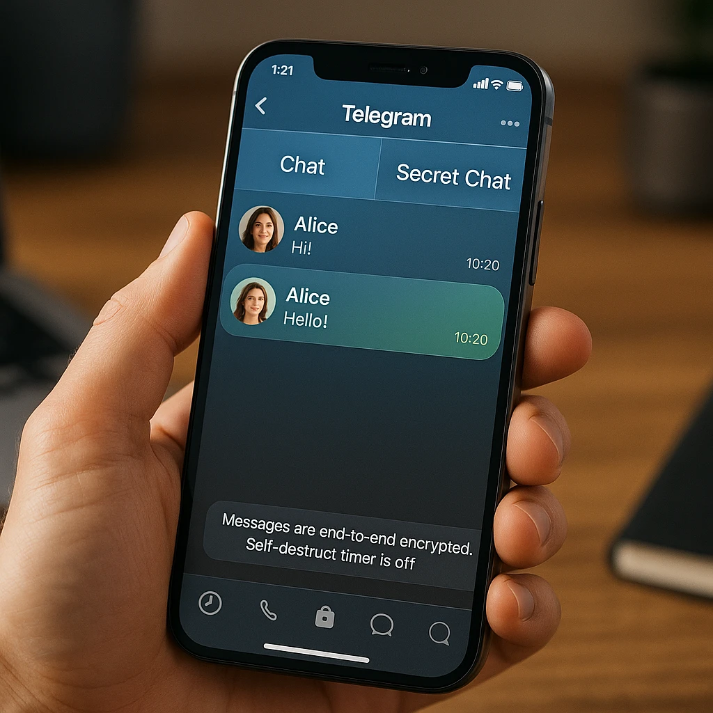 Person using Telegram app on smartphone, showing both regular chat and secret chat interfaces side by side, modern mobile interface with privacy-focused design