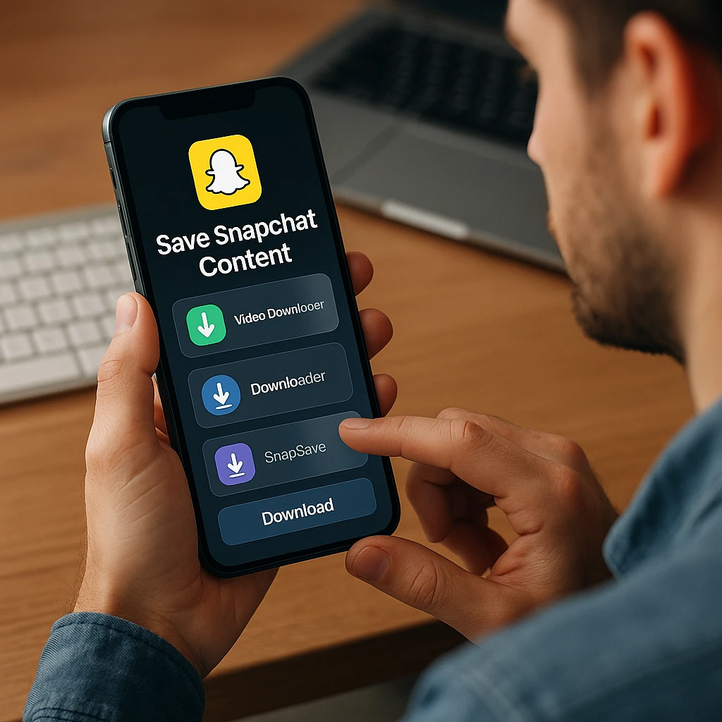 Person mit Smartphone zum Herunterladen und Speichern von Snapchat-Inhalten mit verschiedenen Downloader-Tools