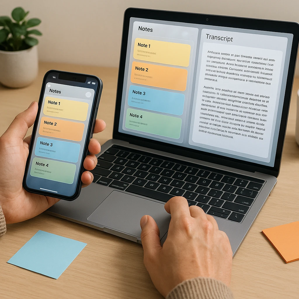 Comparing free note taking apps on a phone and laptop with a transcript panel on screen