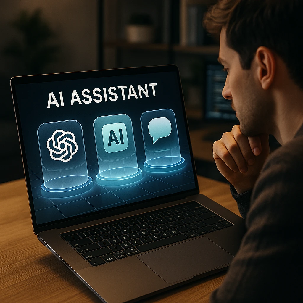 Modern AI comparison visualization showing three distinct AI assistants competing in a digital arena