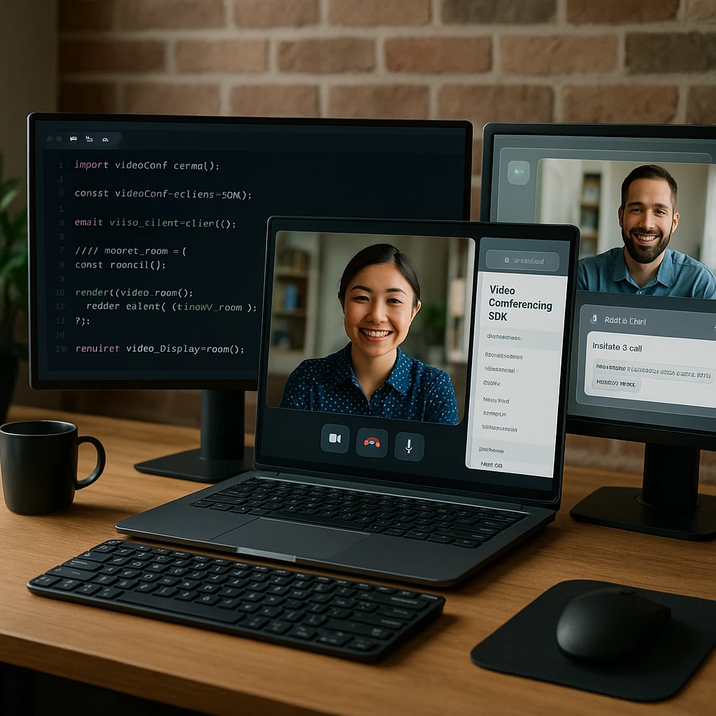 Developer workspace with video conferencing SDK integration code, API documentation, and embedded video call interface examples on multiple monitors