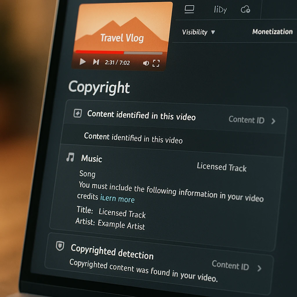 YouTube video interface showing copyright information, music attribution section, and Content ID detection features
