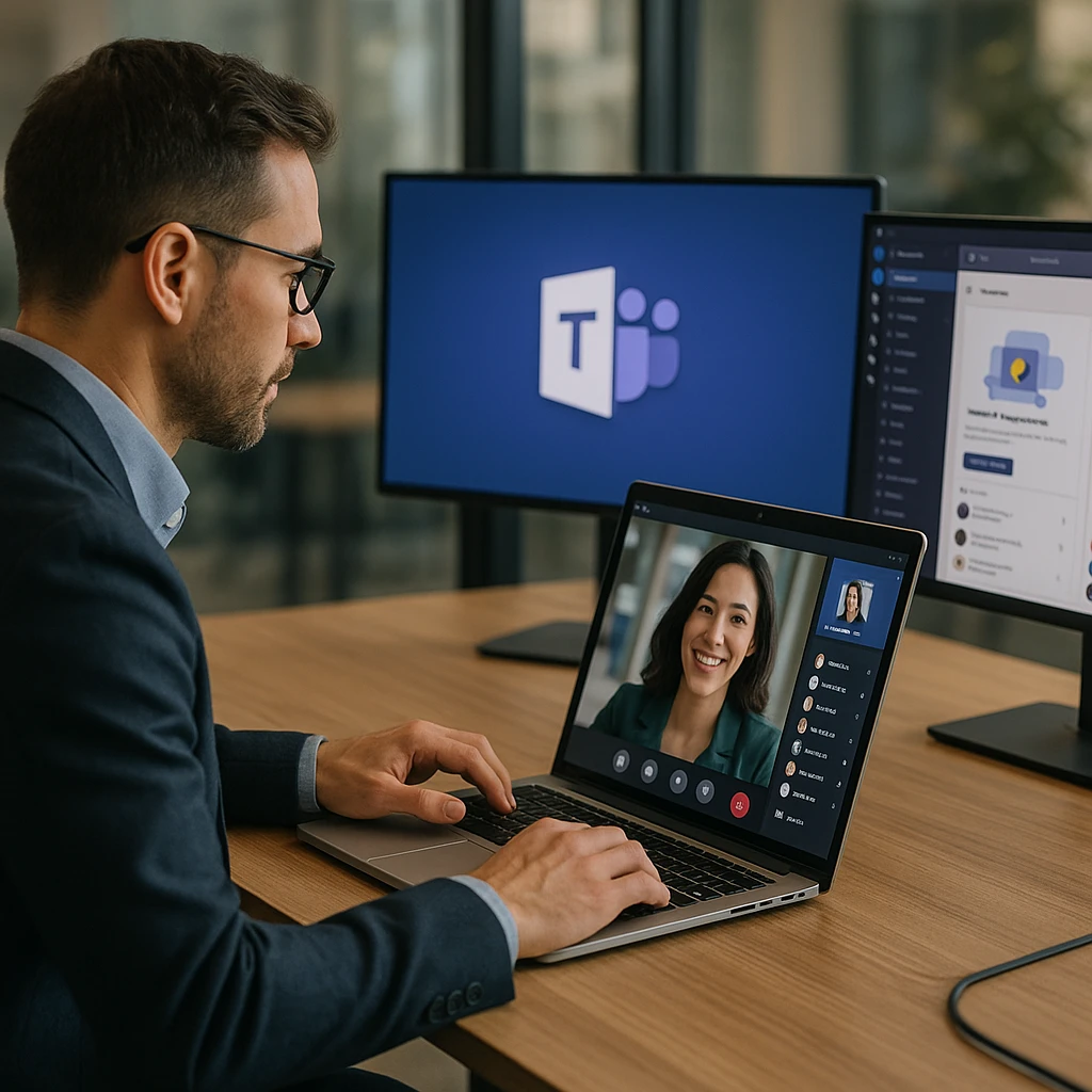 Profesyonel bir kişi, dizüstü bilgisayarında Microsoft Teams arayüzünü gösteren birden fazla ekranı olan modern bir ofiste bir Microsoft Teams toplantısına katılıyor
