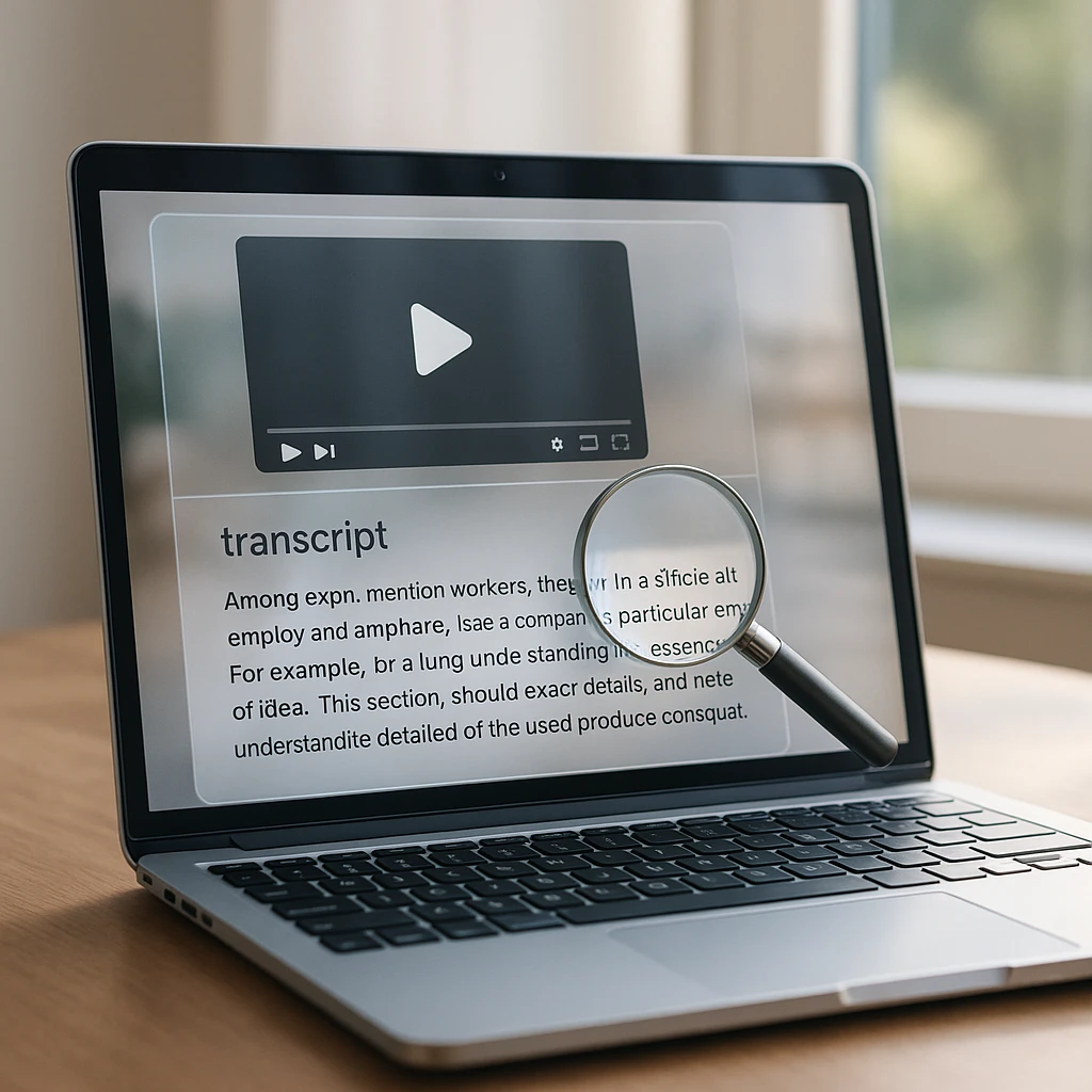 Video watch page with the transcript published as searchable text below the player