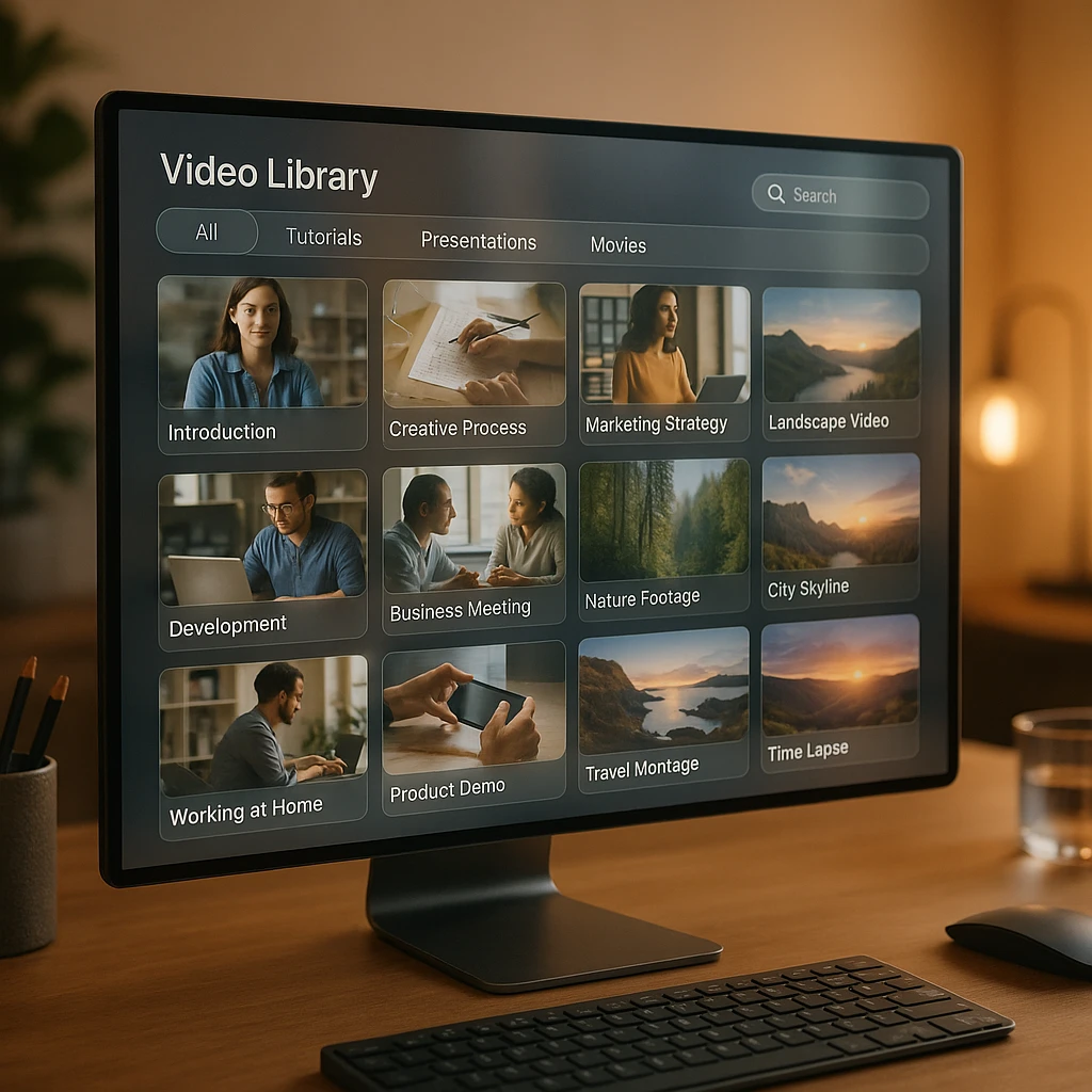 Organized video library with categories and search across transcribed recordings