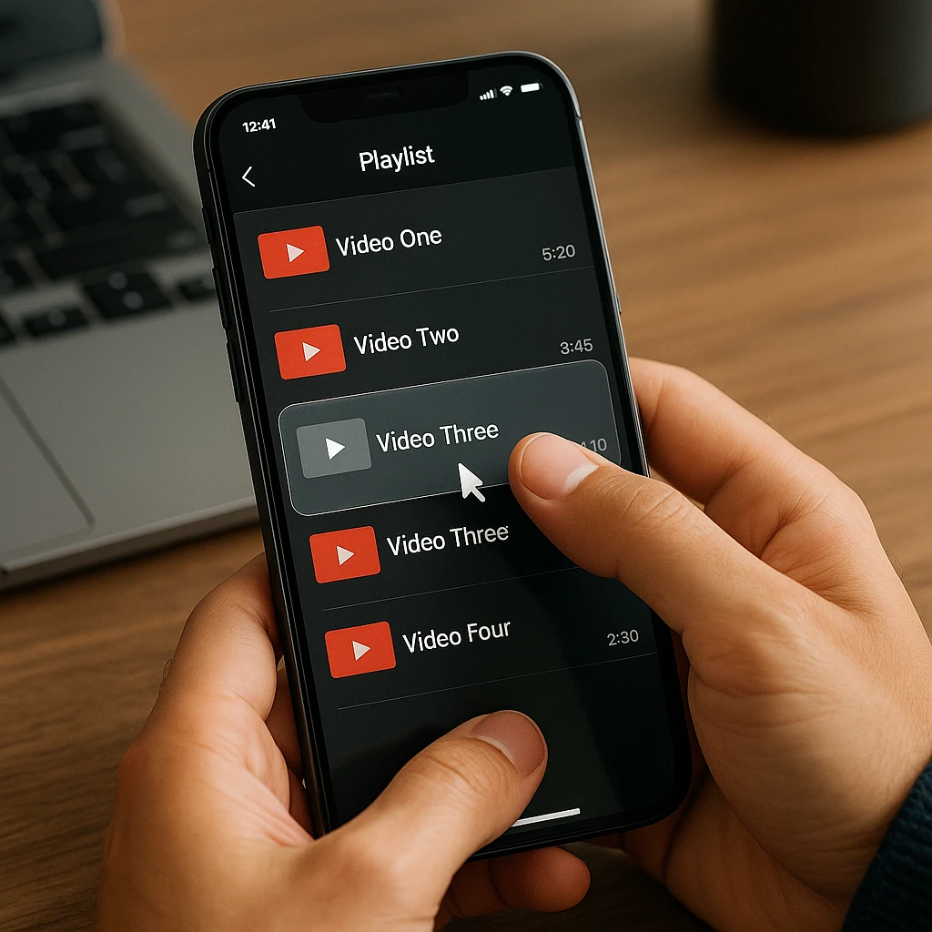 A person organizing a YouTube playlist on a mobile phone, dragging and dropping videos to reorder them
