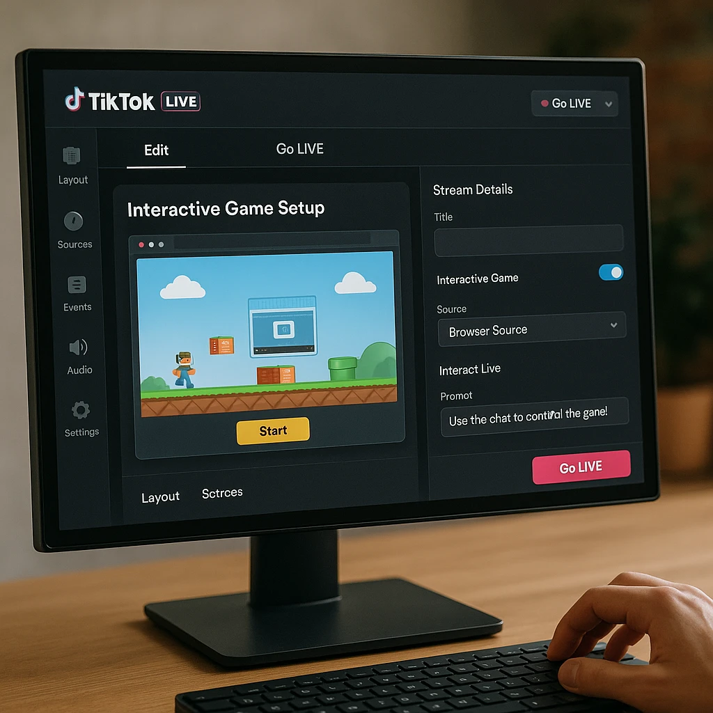 TikTok LIVE Studio interface showing interactive game setup with browser source