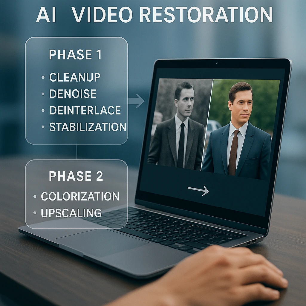 Two phases of AI video restoration: cleanup and colorization
