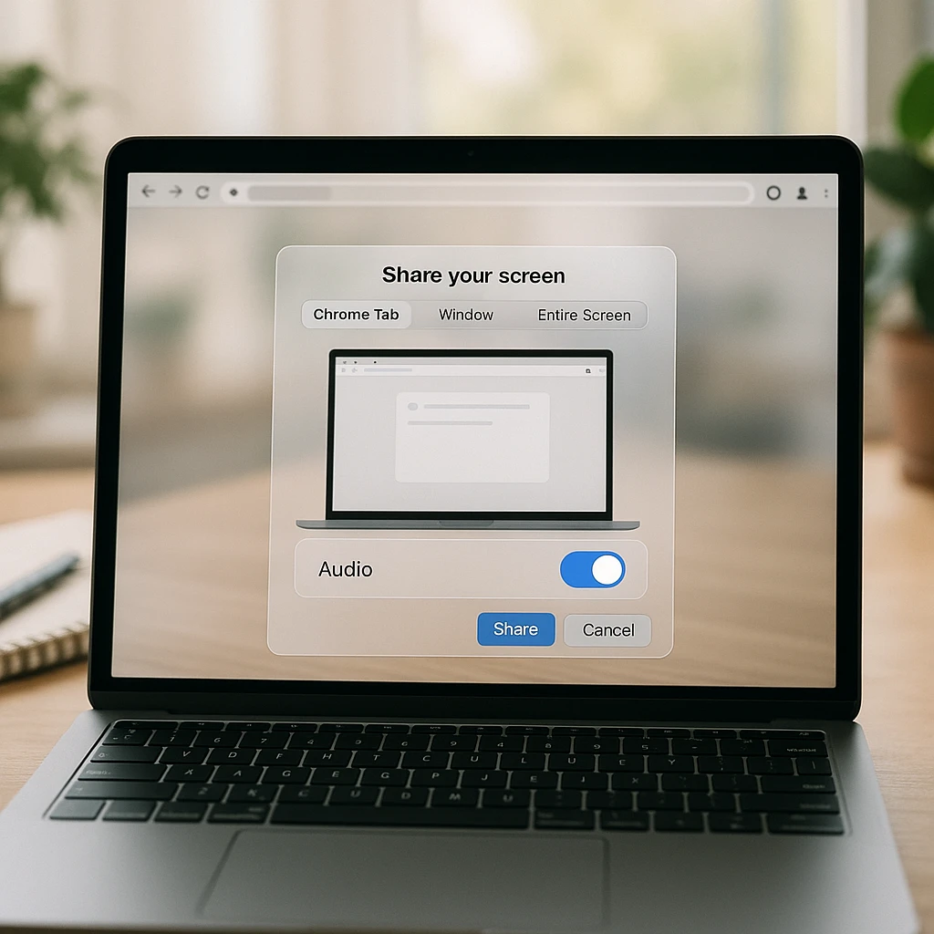 Chrome screen share picker with the tab audio toggle highlighted