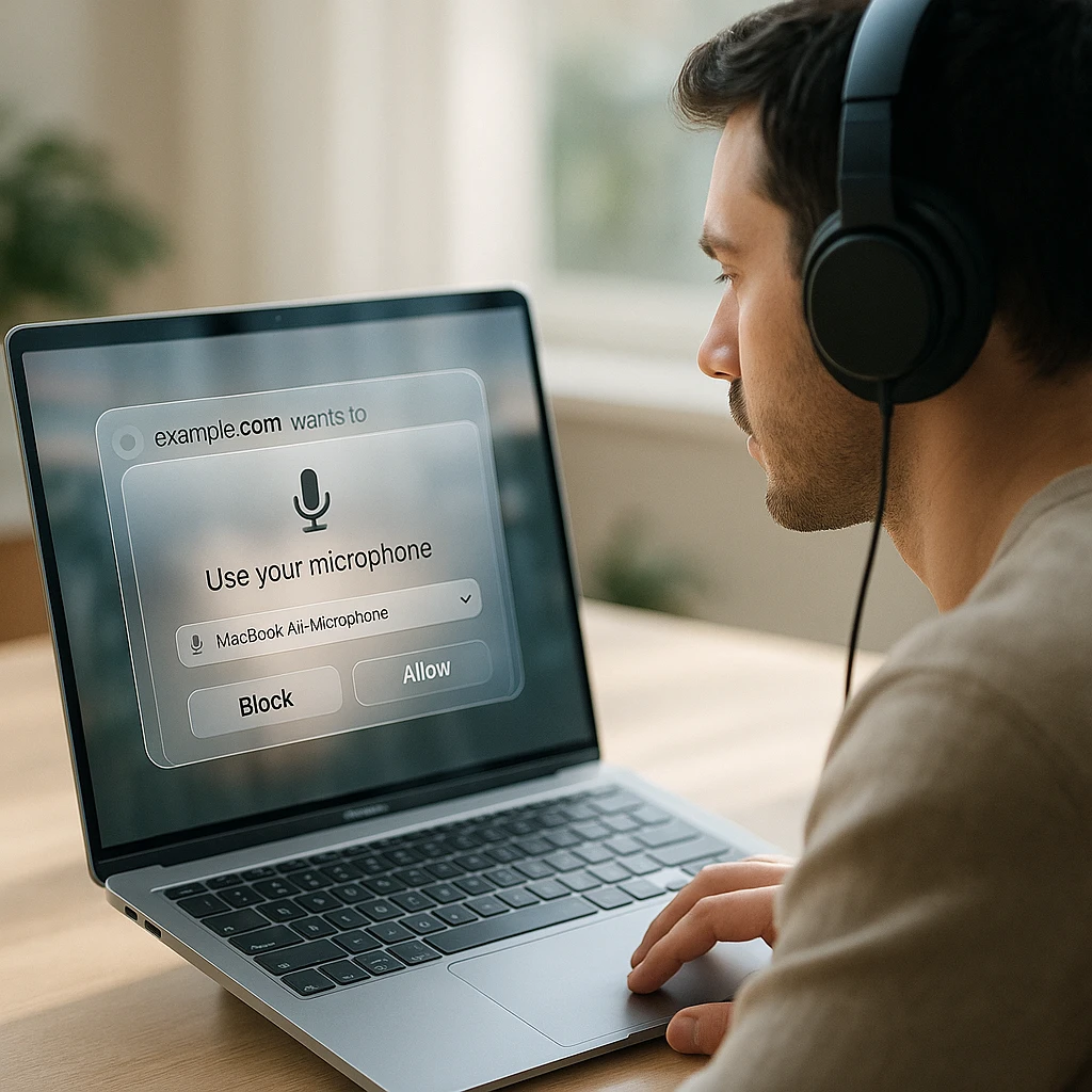 Firefox microphone permission prompt with a device dropdown while recording a narrated tutorial