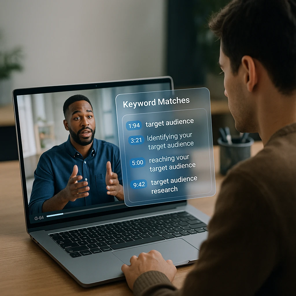 Persoon die video bekijkt op laptop met zoekresultaten overlay met trefwoord overeenkomsten en aanklikbare tijdstempels