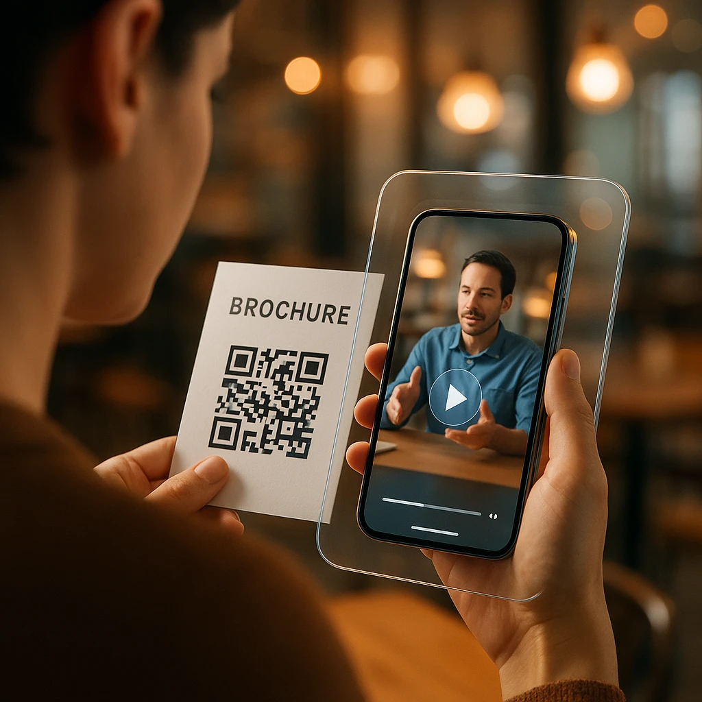 Scanning a video QR code on a printed brochure with a phone