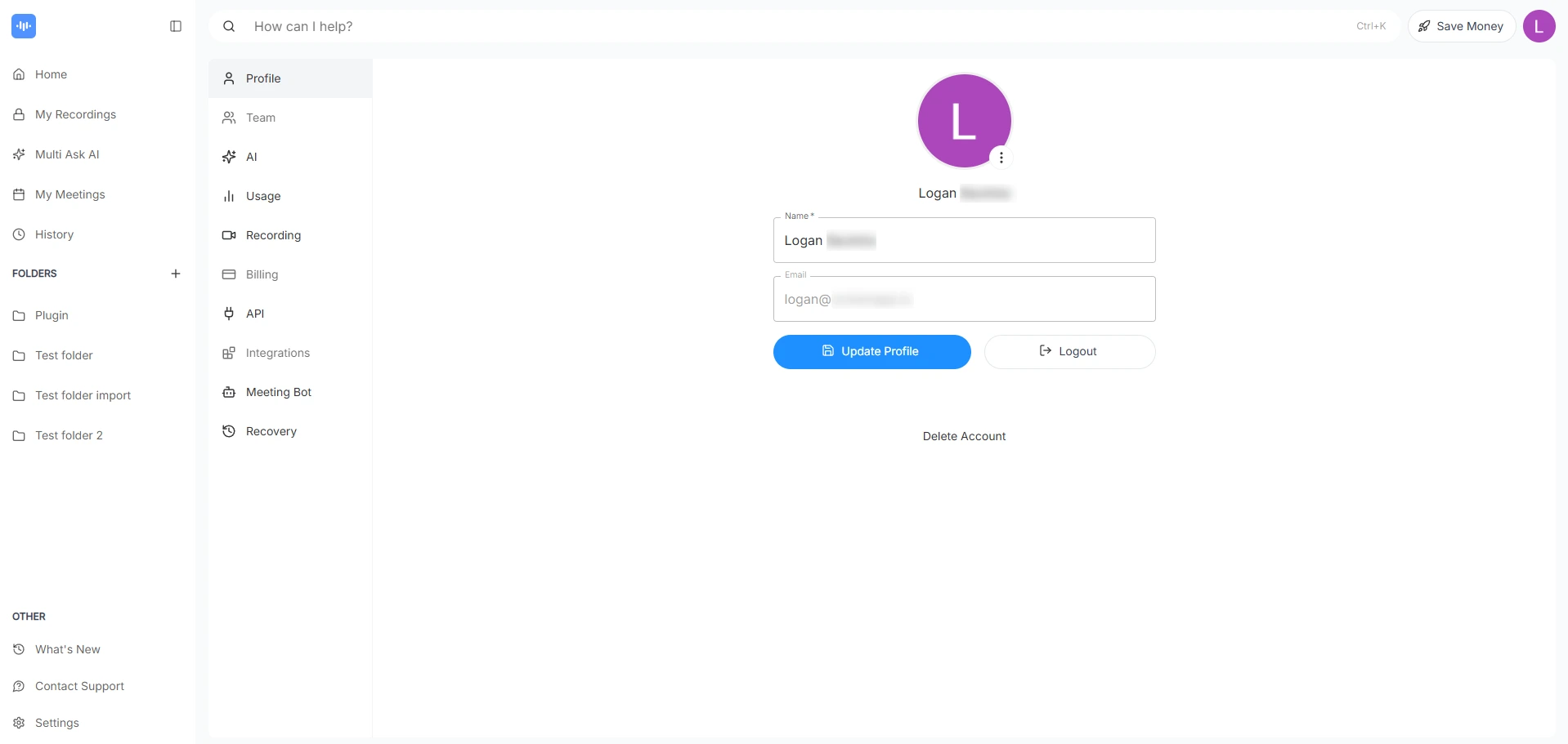 A screenshot showing the 'Profile' tab within the Settings menu.