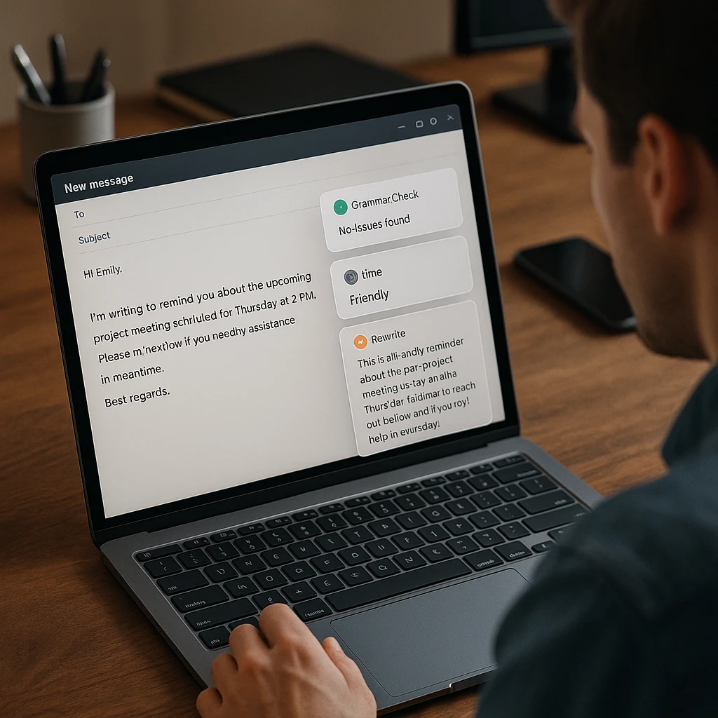 Professional workspace showing email editing interface with AI-powered grammar checking, tone analysis, and rewrite suggestions