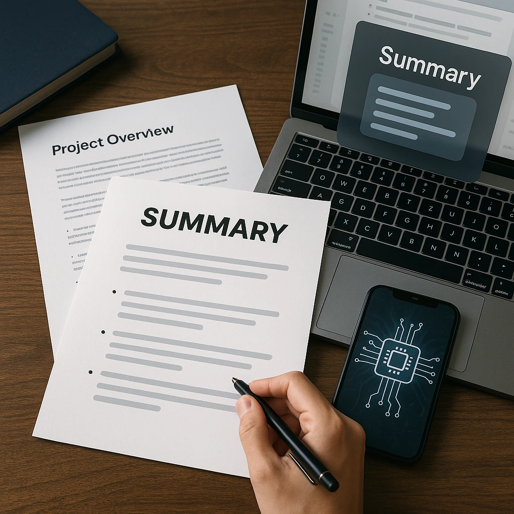 Professional writing desk with documents and summary examples