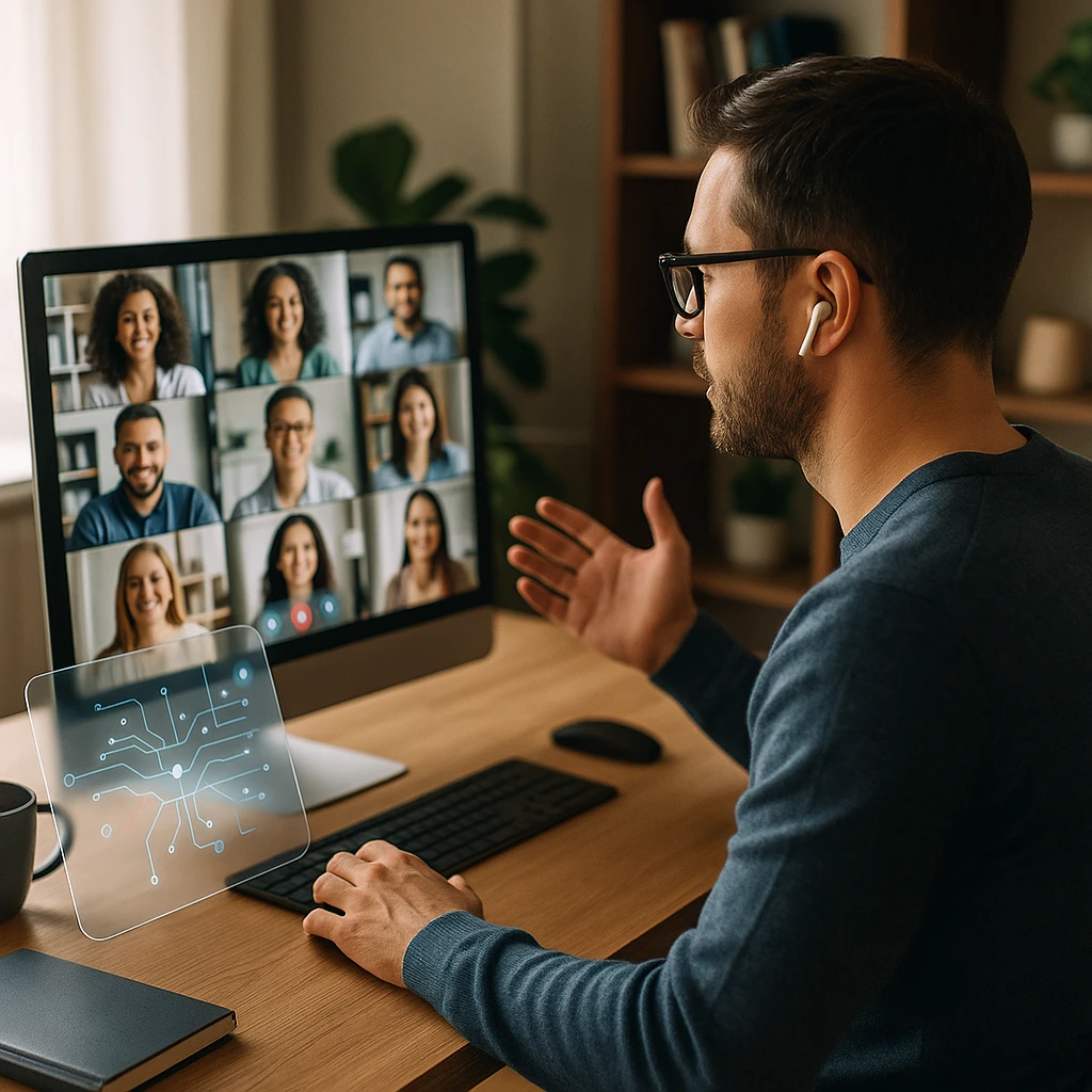 Person in home office participating in virtual video conference call with multiple participants on screen
