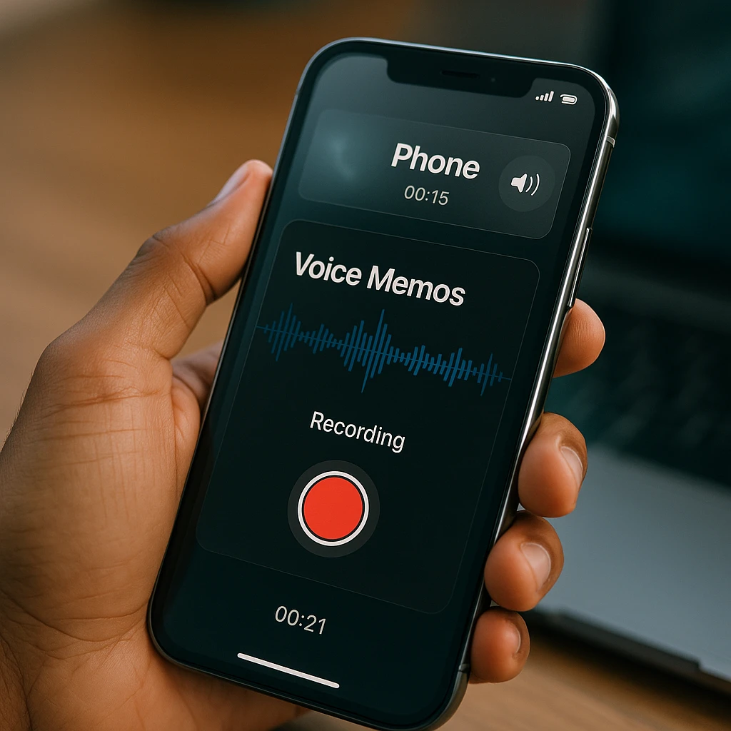 iPhone screen showing Voice Memos app with red recording button active during phone call