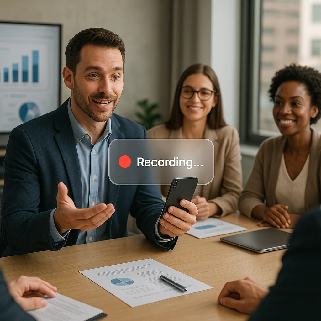 Profesyonel iş toplantısı sahnesi, kişinin kaydı açıkça duyurduğunu ve tüm katılımcılardan görülebilir onay aldığını gösteriyor - modern teknoloji kurulumuyla doğal ofis aydınlatması