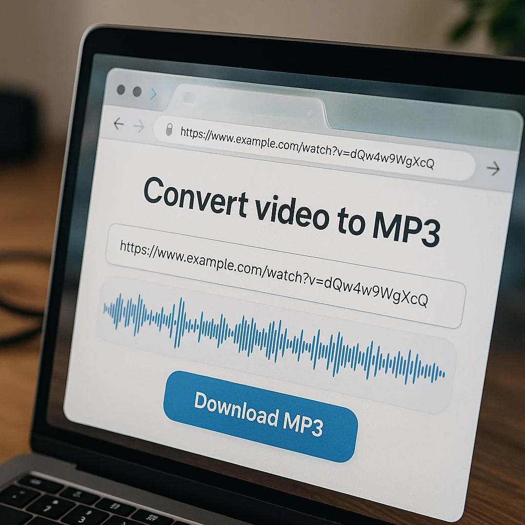 Finestra del browser che mostra un URL video incollato in un convertitore da link a MP3 con una forma d'onda audio e un pulsante di download