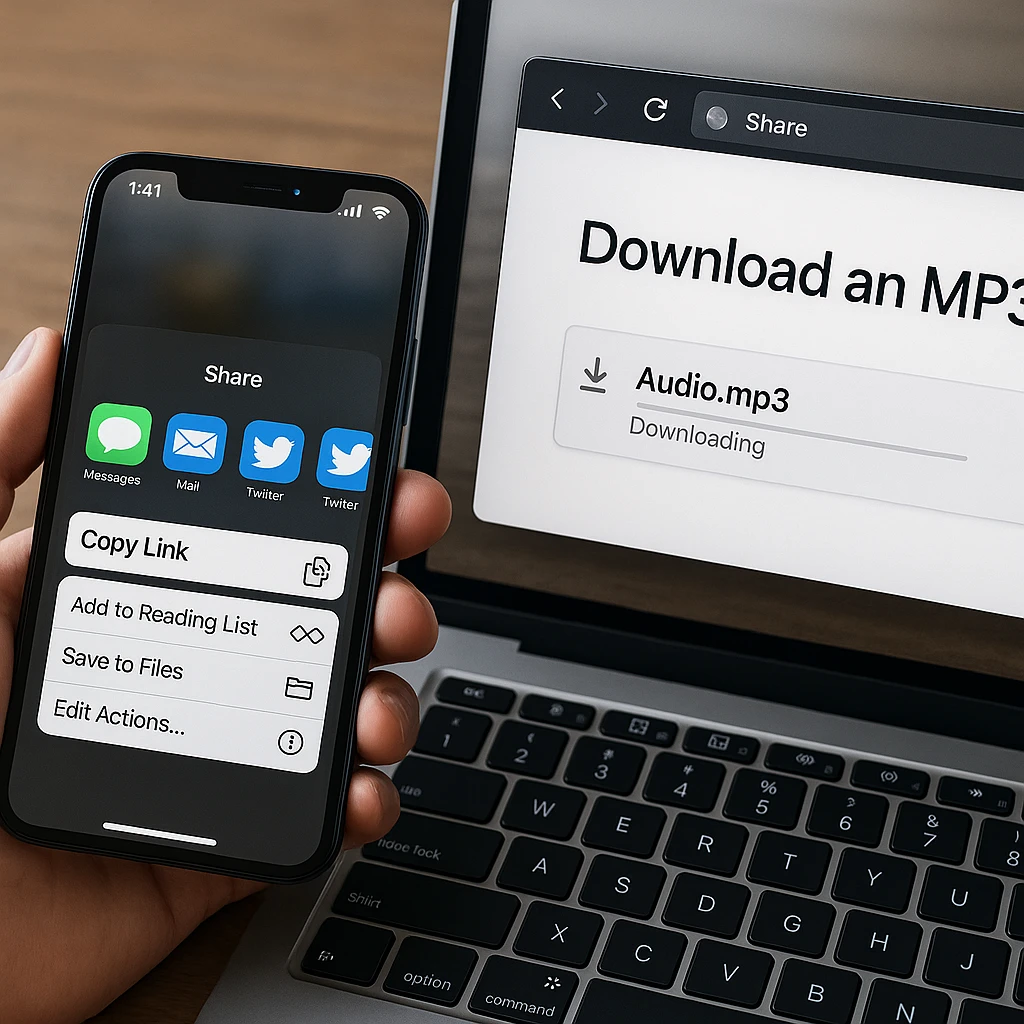 Telefono e laptop affiancati che mostrano una schermata di condivisione con Copia Link e il file MP3 estratto in download in un browser