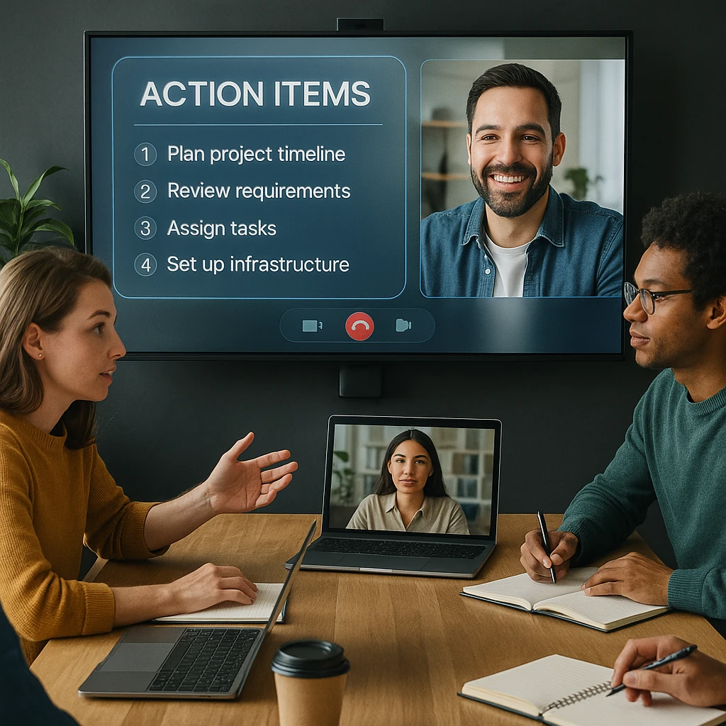 Team collaborating in a hybrid meeting setup with clear action items displayed on screen
