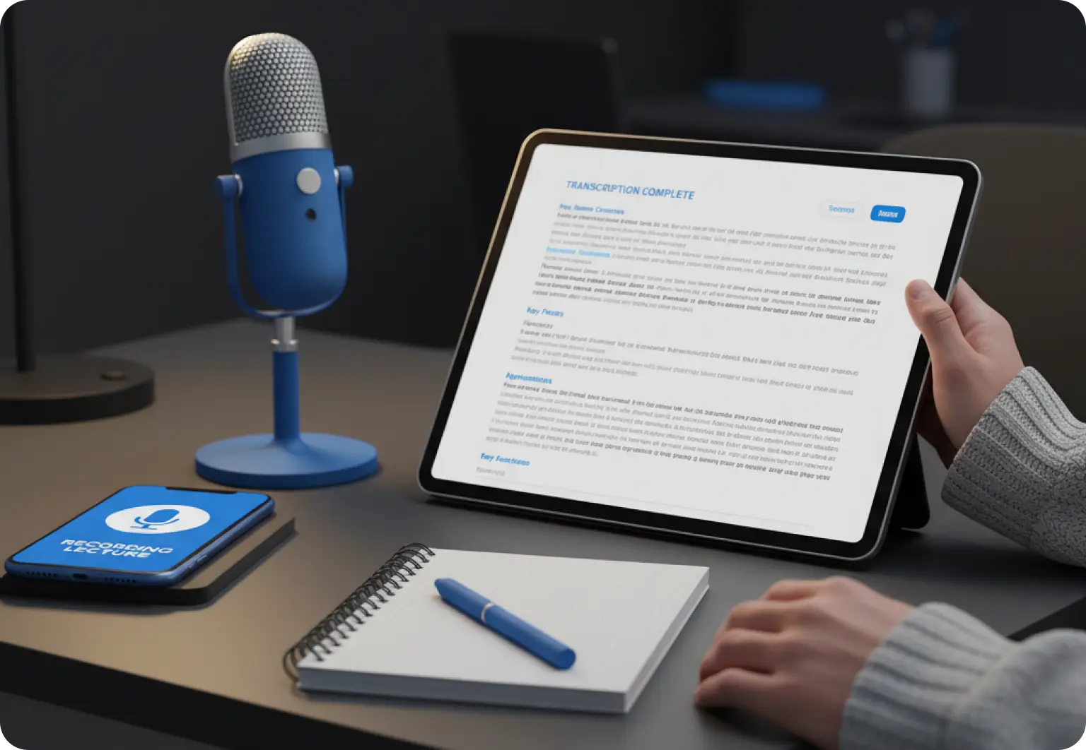 Student reviewing AI-generated lecture notes on tablet
