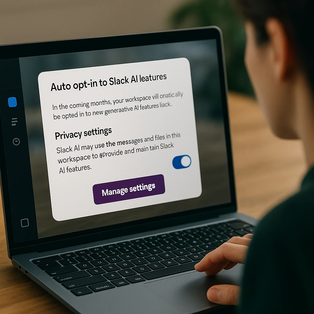 Gizlilik ayarlarını gösteren Slack Yapay Zeka Özellikleri Otomatik Katılma Bildirimi