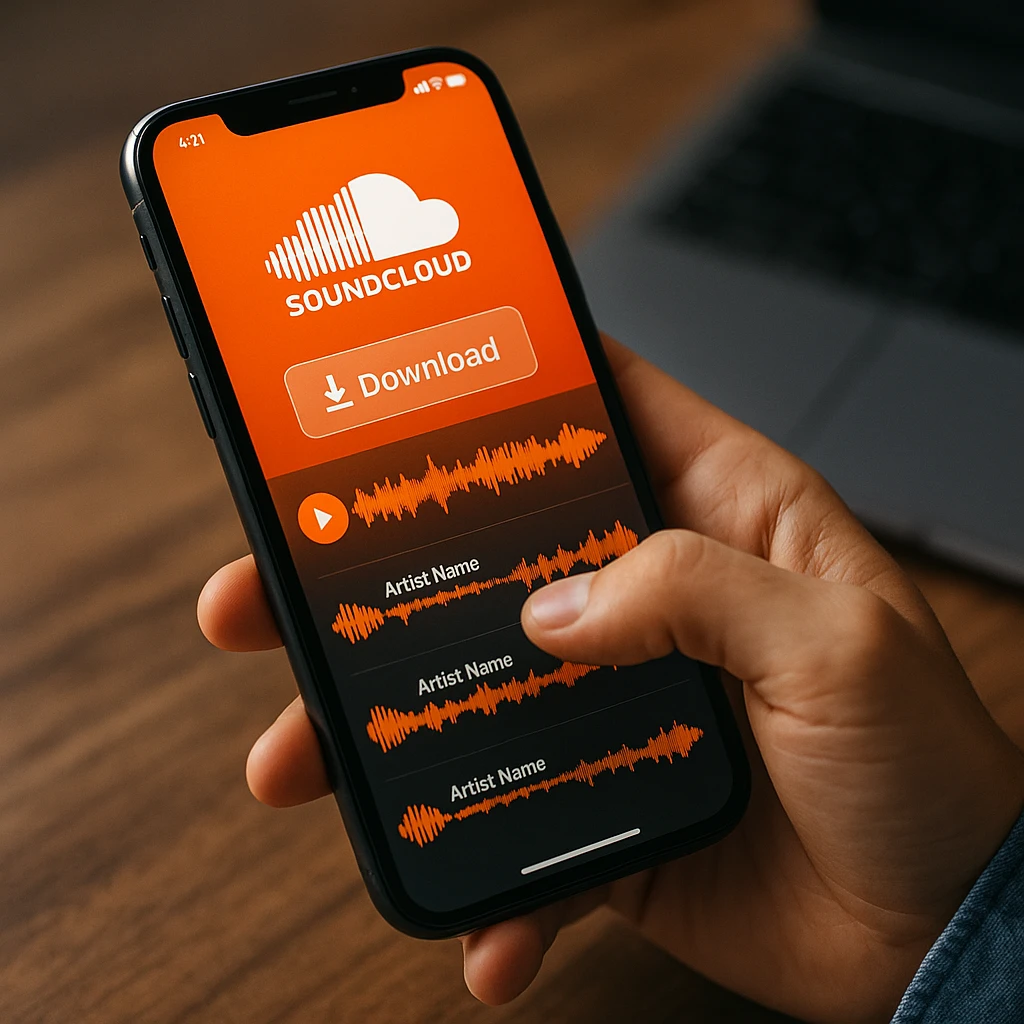 Mobile phone showing SoundCloud app interface with download options and music library
