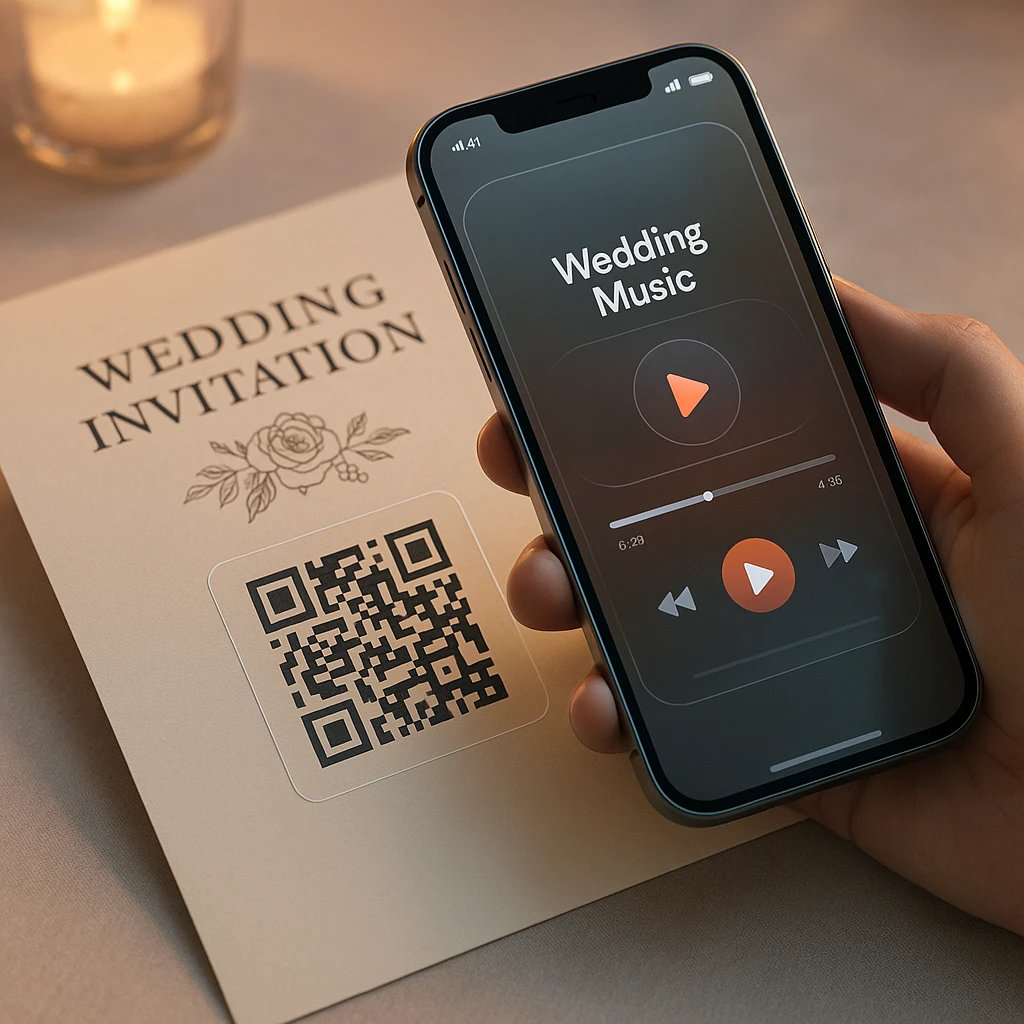 Wedding invitation with a Spotify song QR code being scanned by a phone