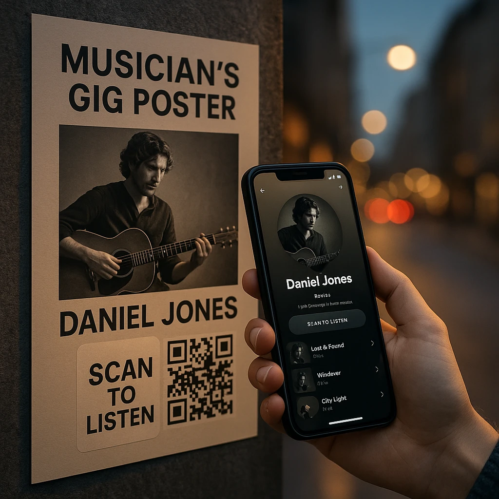 Gig poster with a QR code linking to a musician's Spotify artist profile