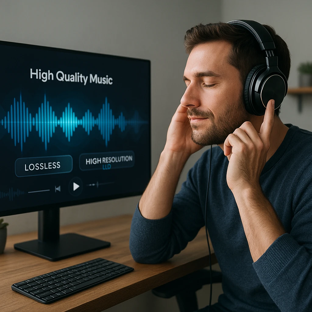 Audiophile listening to high-quality music with premium headphones showing audio waveforms and quality indicators