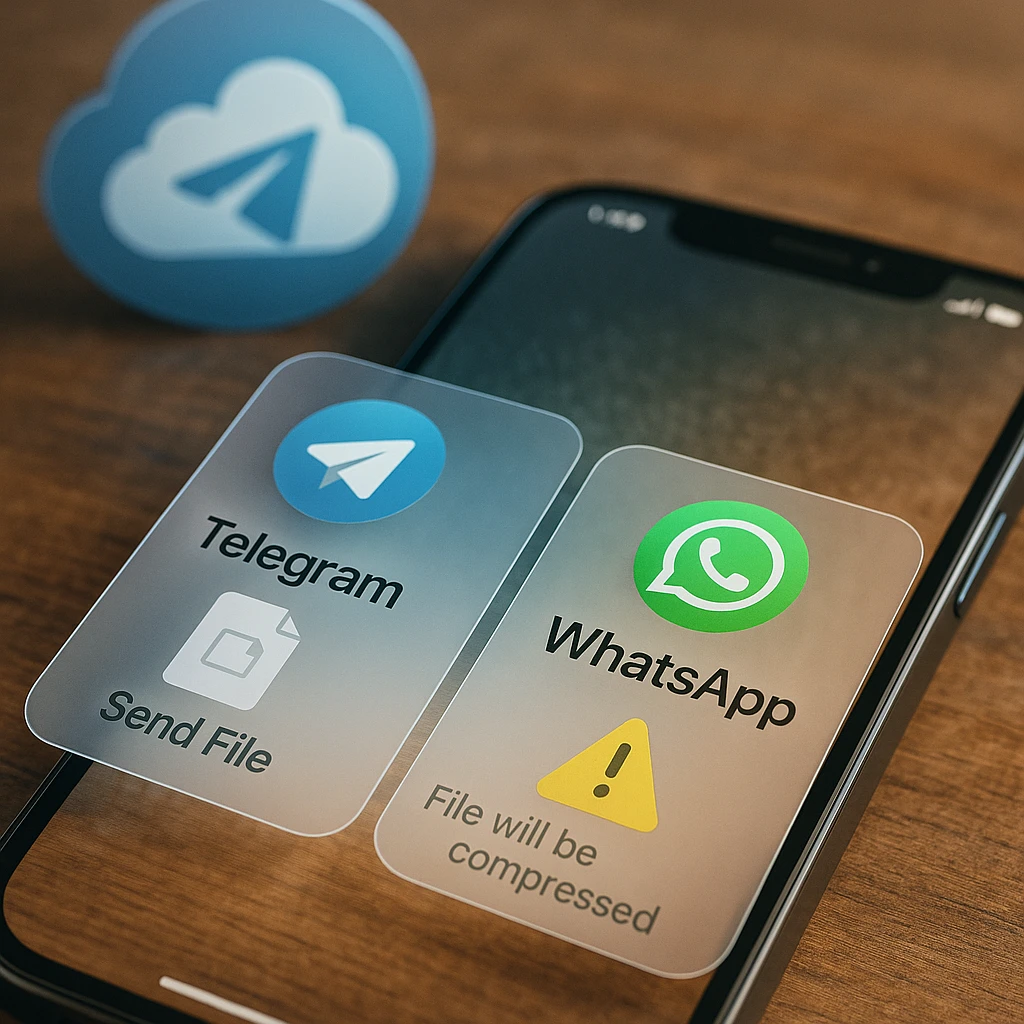 Glassmorphic UI showing Telegram and WhatsApp file sharing, with Telegram cloud icon and WhatsApp compression warning