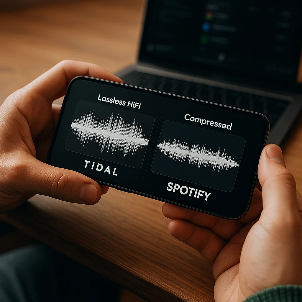 Попарное сравнение аудиоформ, показывающих качество HiFi без потерь Tidal и сжатый звук Spotify, подчеркивающее разницу в детализации и динамическом диапазоне