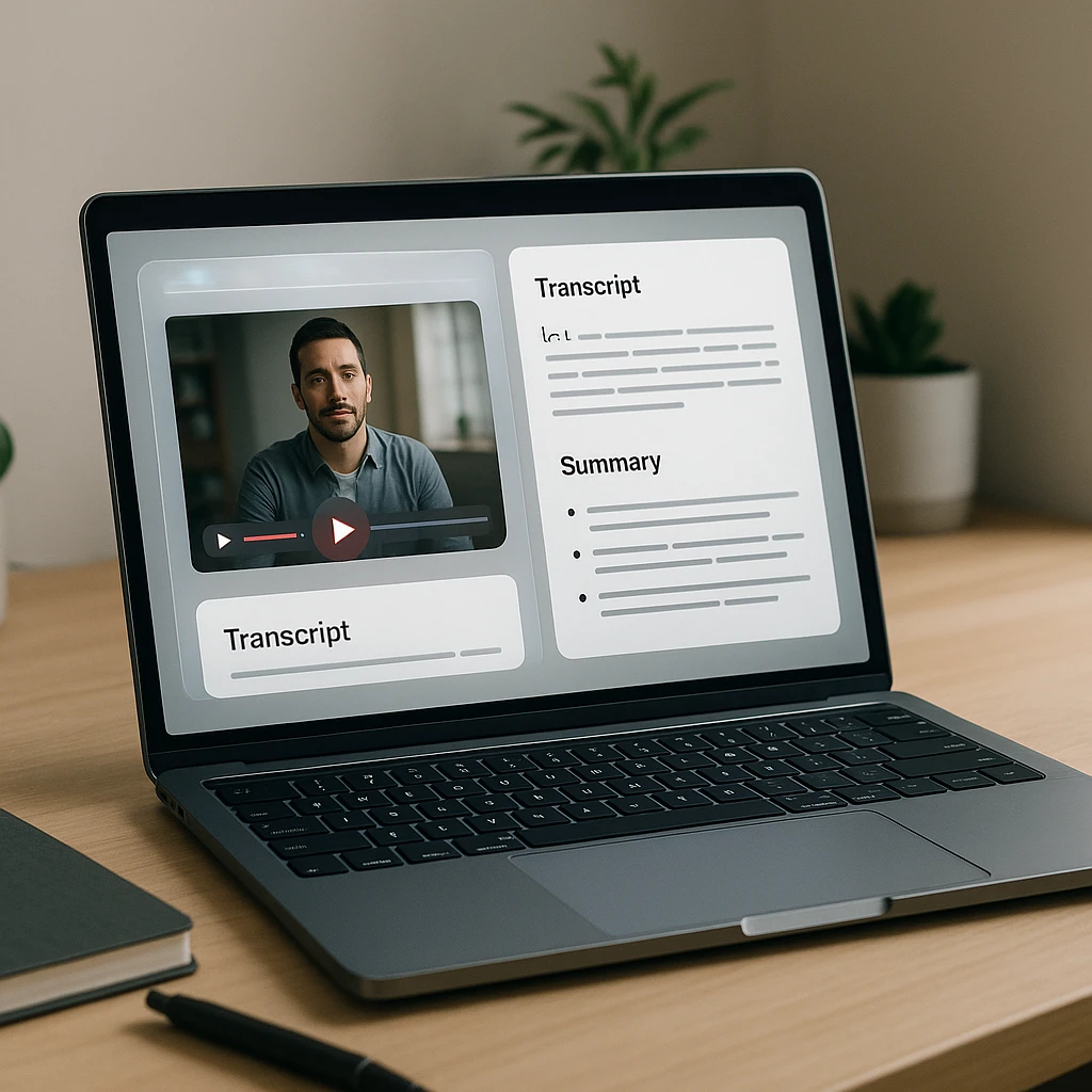 A video recording being converted into a text transcript with summary notes