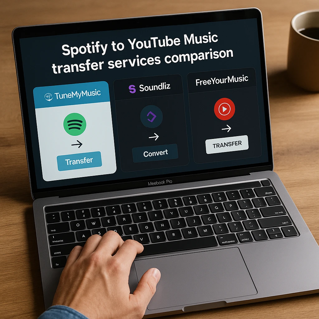 Spotify to YouTube Music transfer services comparison showing TuneMyMusic, Soundiiz, and FreeYourMusic interfaces