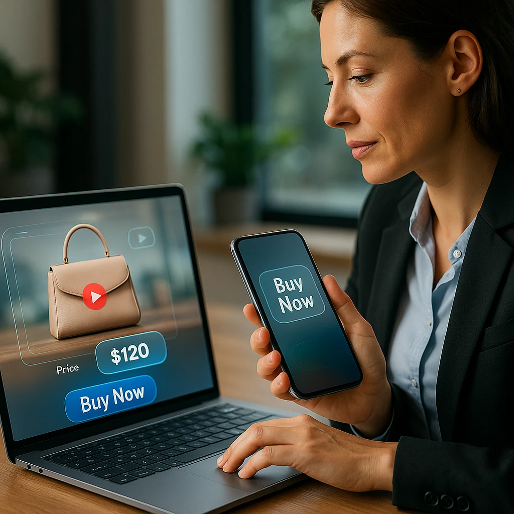 Professional businesswoman using smartphone to make instant purchase while watching shoppable video on laptop screen