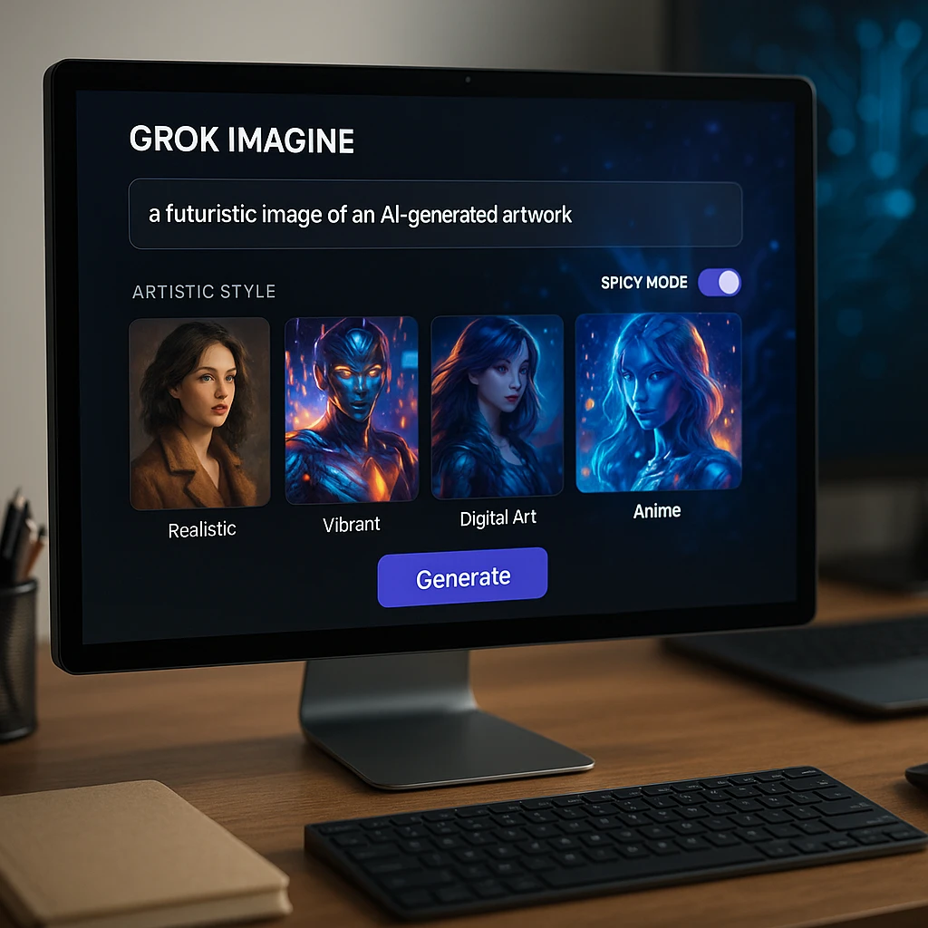 Grok Imagine AI interface showing text-to-image generation with various artistic styles and the spicy mode toggle