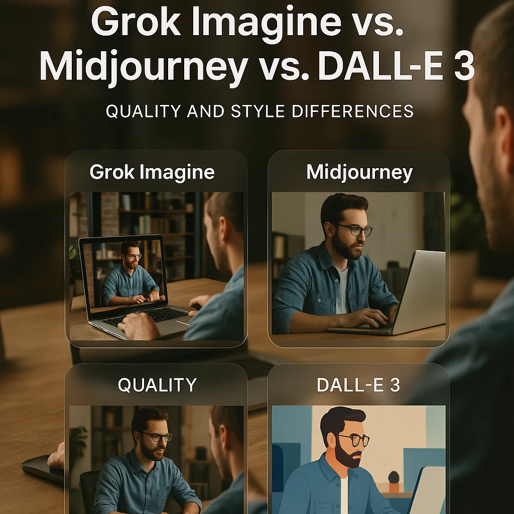 Comparison grid showing Grok Imagine AI outputs versus Midjourney and DALL-E 3 with quality and style differences highlighted