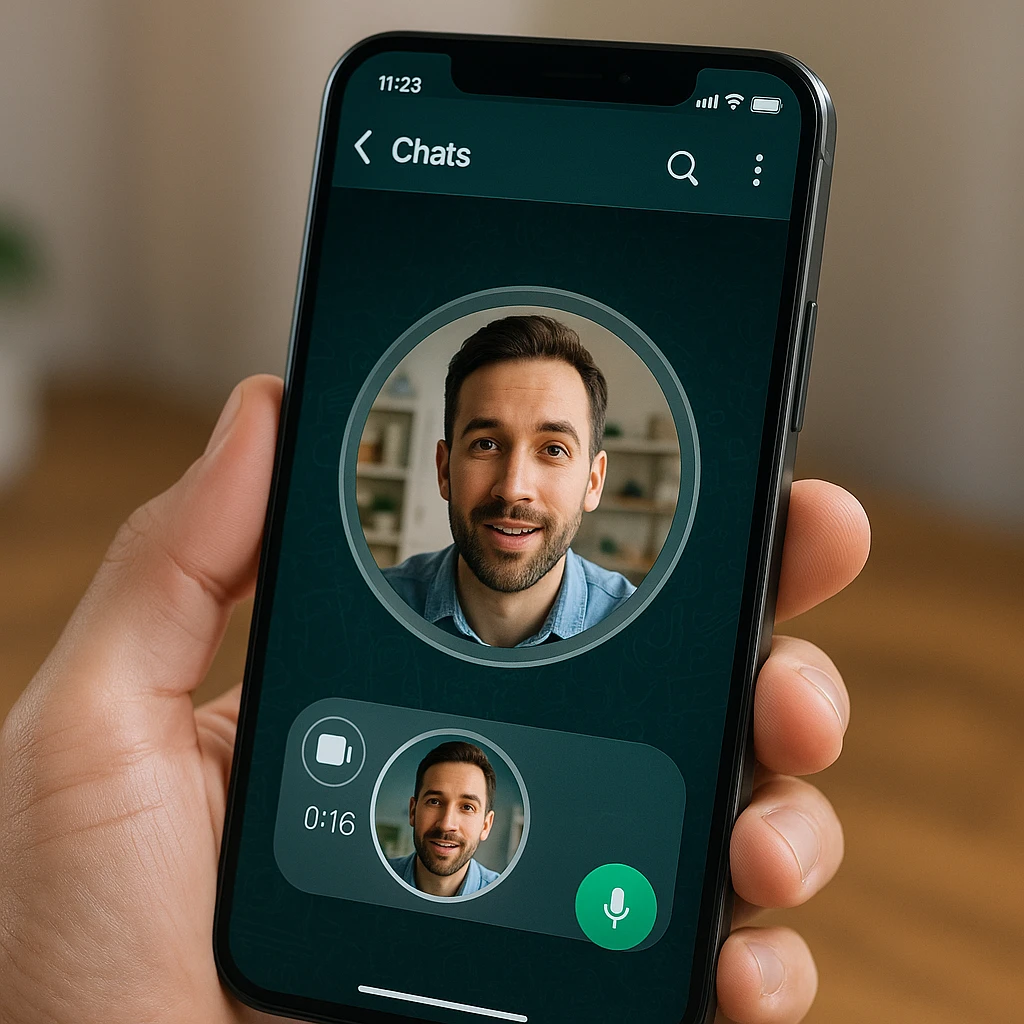 Professional smartphone showing WhatsApp video note interface with circular video message, modern mobile UI design, clean background