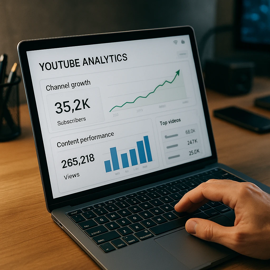 YouTube-Analytics-Dashboard, das Kanalwachstum und Content-Performance-Metriken anzeigt