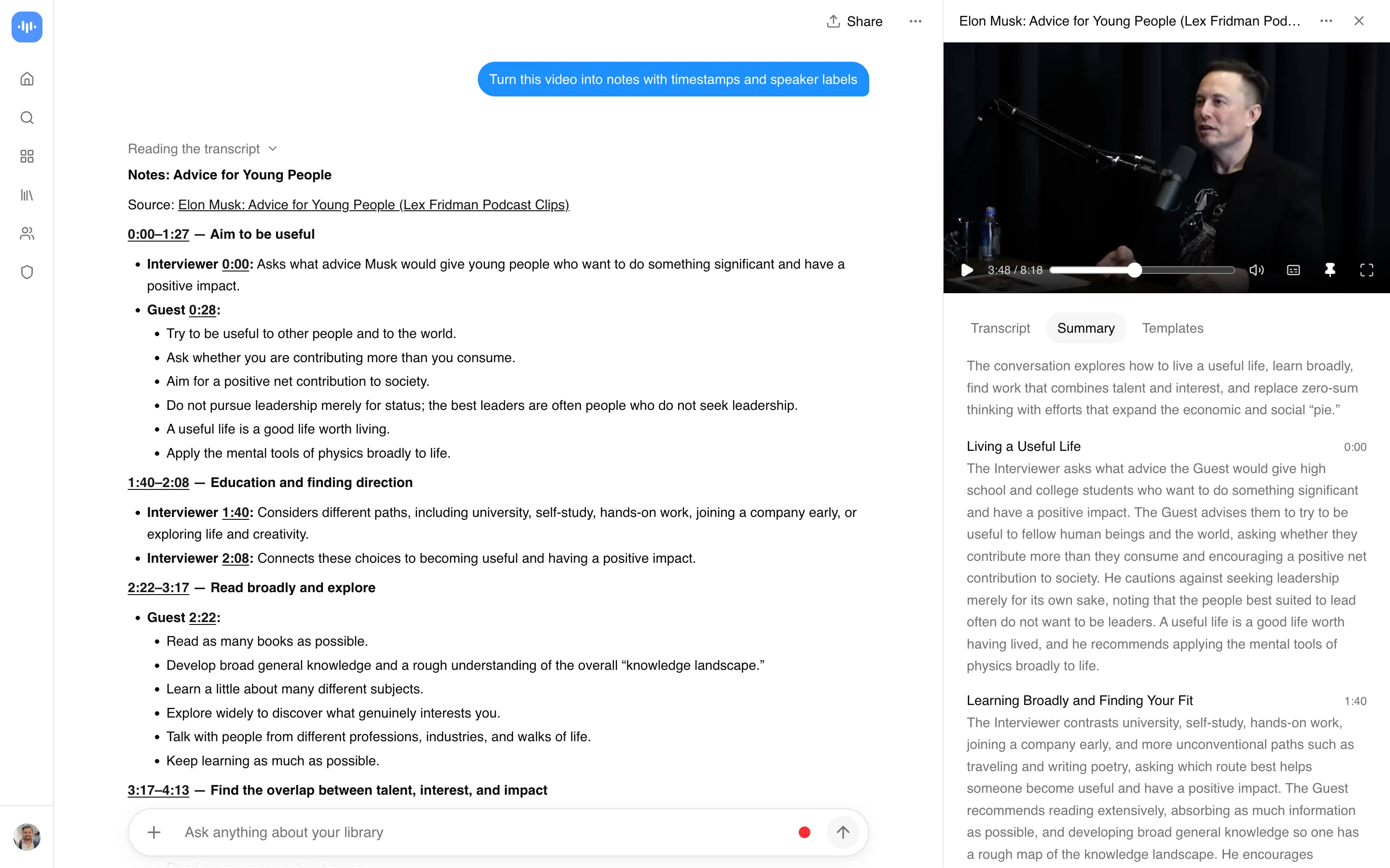 ScreenApp chuyển một cuộc phỏng vấn của Lex Fridman với Elon Musk thành ghi chú kèm mốc thời gian và nhãn người nói. Chụp trong môi trường sản xuất tháng 9 năm 2026.
