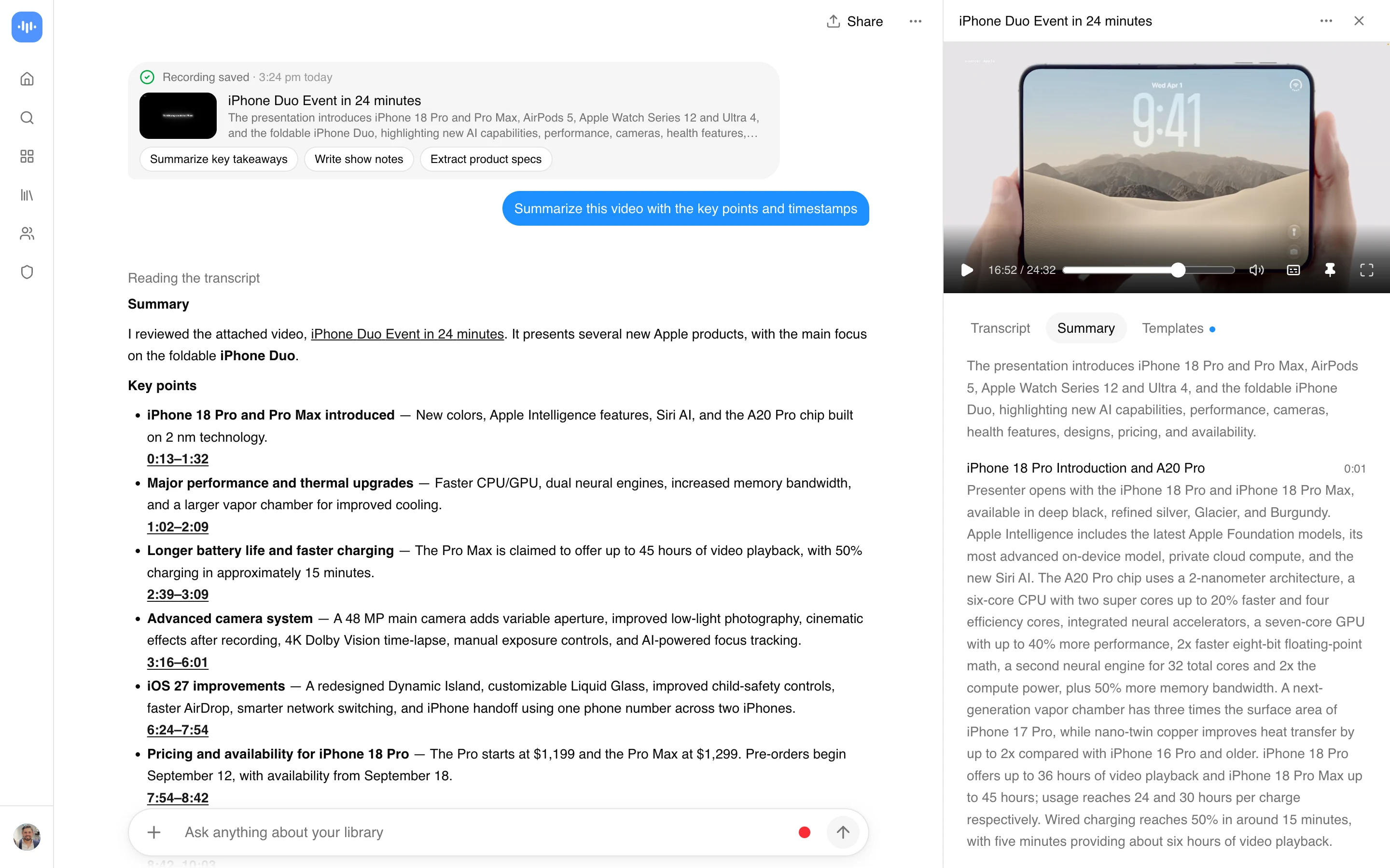 De vraag “Vat deze video samen met de belangrijkste punten en tijdstempels”, uitgevoerd in de ScreenApp-app op het iPhone Duo-event van The Verge (24 minuten). Elk punt linkt naar zijn tijdstempel; het tabblad Samenvatting rechts is de automatische samenvatting per hoofdstuk. Vastgelegd in september 2026.