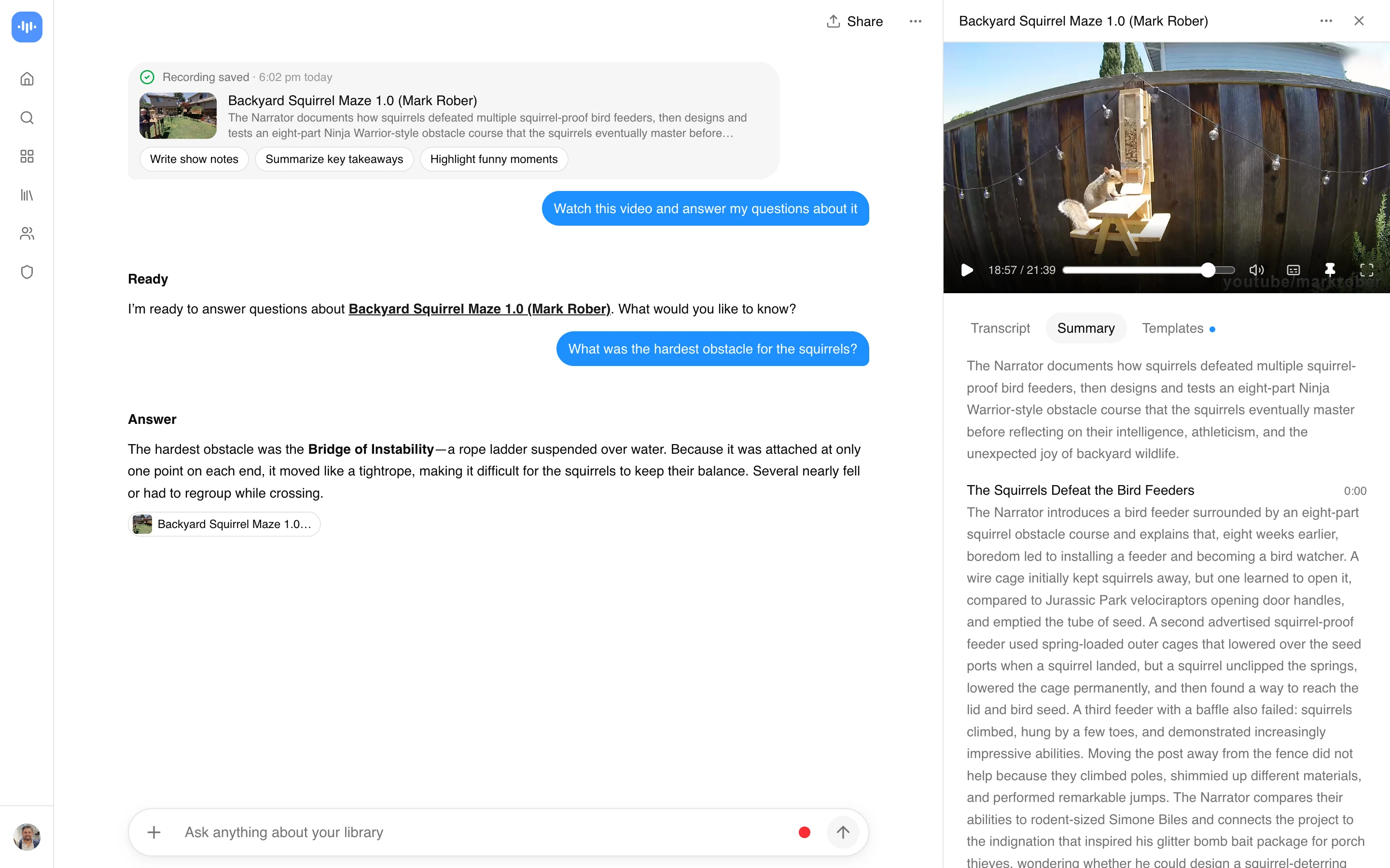 ScreenApp guarda il video del labirinto per scoiattoli di Mark Rober e risponde a quale sia stato l'ostacolo più difficile per gli scoiattoli, acquisito in produzione a settembre 2026.